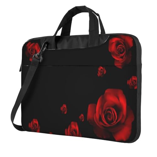 Laptop-Umhängetasche mit Blumenmuster, Kolibri-Stickerei, bedruckt, Kuriertasche, Aktentasche, Computertasche, Tasche für Damen und Herren, Rote Rose, schwarzer Hintergrund, 13 inch von FLYIFE