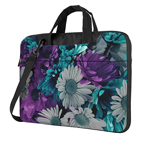 Laptop-Umhängetasche mit Blumenmuster, Rosa, bedruckt, Kuriertasche, Aktentasche, Computertasche, Tasche für Damen und Herren, Violette und blaugrüne Blumen, 14 inch von FLYIFE