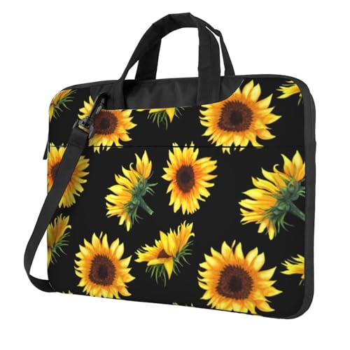 Laptop-Umhängetasche mit Dampfzug bedruckt, Kuriertasche, Aktentasche, Computertasche, Tasche für Damen und Herren, Sonnenblumenblühende Blumen Pflanzen schwarz und gelb, 13 inch von FLYIFE