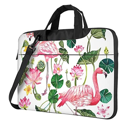 Laptop-Umhängetasche mit Wolfs-Heulung auf dem Mond, bedruckt, Kuriertasche, Aktentasche, Computertasche, Tasche für Damen und Herren, Flamingo Bird Round Leaves, 13 inch von FLYIFE