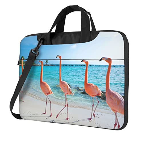 Laptop-Umhängetasche mit Ziegen-Motiv, Kuriertasche, Aktentasche, Computertasche, Tasche für Damen und Herren, Rosa Flamingo am Strand, 13 inch von FLYIFE