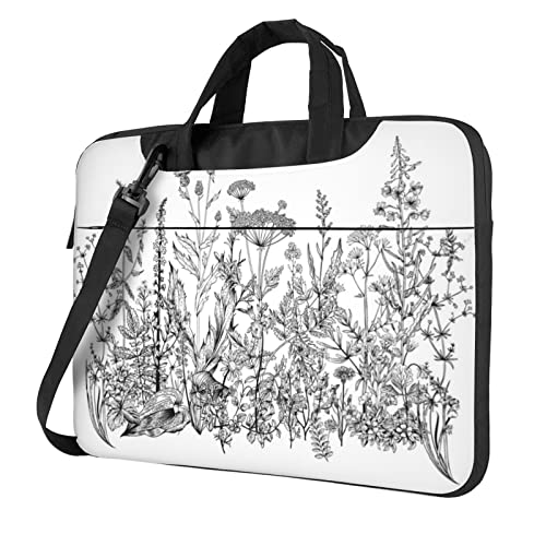 Laptop-Umhängetasche mit Ziegen-Motiv, Kuriertasche, Aktentasche, Computertasche, Tasche für Damen und Herren, Schwarz-weiße Blumen, 14 inch von FLYIFE