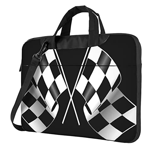 Laptop-Umhängetasche mit französischer Bulldogge, bedruckt, Kuriertasche, Aktentasche, Computertasche für Damen und Herren, Schwarz-weiße Formel; kariertes Flaggenmuster, 14 inch von FLYIFE