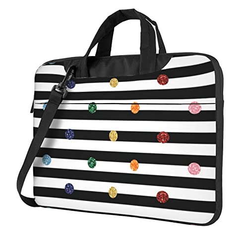 Modische Laptop-Umhängetasche mit Herzen, bedruckt, Kuriertasche, Aktentasche, Computertasche, für Damen und Herren, Glitzer-Regenbogen-Punkt-Streifen, Schwarz und Weiß, 13 inch von FLYIFE