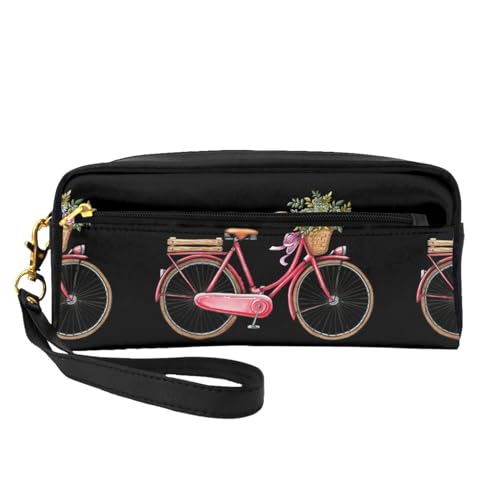 Modische Make-up-Tasche mit violetten Herzen, bedruckt, PU-Leder, Reise-Kosmetiktasche, Federmäppchen für Mädchen und Frauen, Retro-Fahrrad, Rot, Einheitsgröße von FLYIFE
