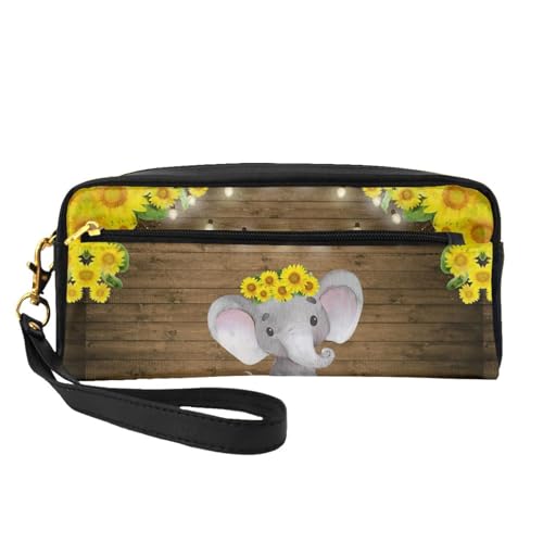 Moonlit Kanu Allagash River Printed Portable Makeup Bag - Pu Leather Travel Cosmetic Bag Pencil Case for Girls Women, Sonnenblumen-Elefant Holzboden, Einheitsgröße von FLYIFE