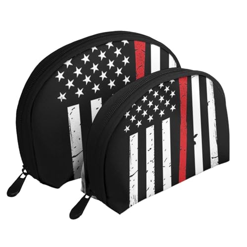 Reise-Make-up-Taschenset mit Monarch-Schmetterlingen, Kulturbeutel mit Reißverschluss, Muschelförmige Kosmetiktasche, Organizer für Damen und Mädchen, Red Line Firefighter USA-Flagge, Einheitsgröße, von FLYIFE