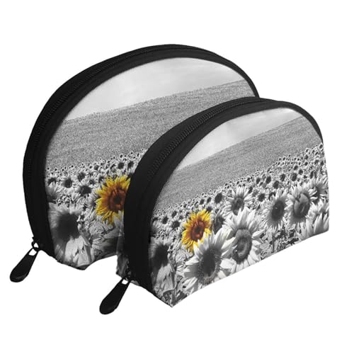 Reise-Make-up-Taschenset mit Monarch-Schmetterlingen, Kulturbeutel mit Reißverschluss, Muschelförmige Kosmetiktasche, Organizer für Damen und Mädchen, Schwarz-weiße Sonnenblumen., Einheitsgröße, von FLYIFE