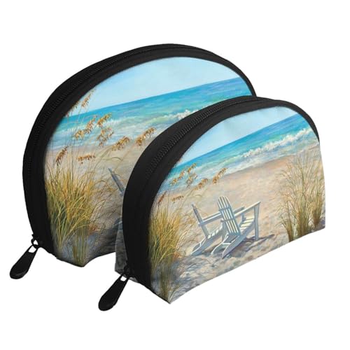 Reise-Make-up-Taschenset mit afrikanischem Tier-Löwen-Motiv, Kulturbeutel mit Reißverschluss, Muschelförmige Kosmetiktasche, Organizer für Damen und Mädchen, Strandszene mit Stühlen, Einheitsgröße, von FLYIFE