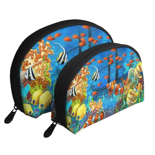 Reise-Make-up-Taschenset mit coolem Fußballdruck, Kulturbeutel mit Reißverschluss, Muschelförmige Kosmetiktasche, Organizer für Damen und Mädchen, The Underwater World Tropical Fish, Einheitsgröße, von FLYIFE