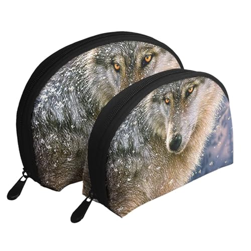 Reise-Make-up-Taschenset mit niedlichem Pomeranian bedruckt, Kulturbeutel mit Reißverschluss, Muschelförmige Kosmetiktasche, Organizer für Damen und Mädchen, Wolf im Schnee, Einheitsgröße, von FLYIFE