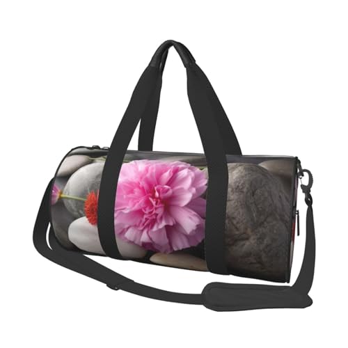 Reisetasche aus Segeltuch, Motiv: Steine mit rosa Nelke, bedruckt, Turnbeutel, Sporttasche mit großem Fassungsvermögen, für Wochenende, Geschäftsreisen, Schwarz , Einheitsgröße von FLYIFE