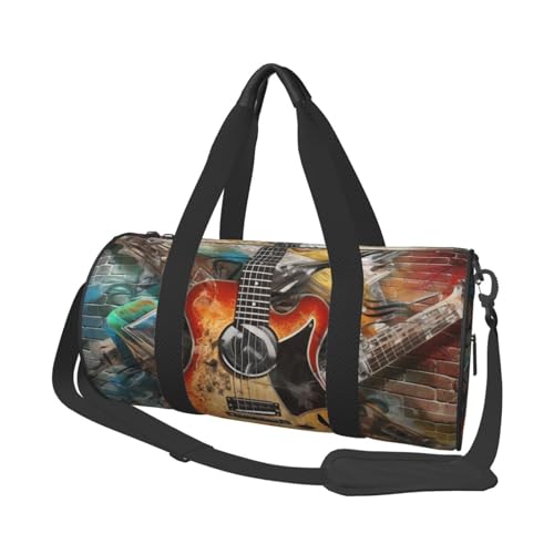 Reisetasche aus Segeltuch mit Gitarrenmalerei, bedruckt, Turnbeutel, Sporttasche mit großer Kapazität für Wochenende, Geschäftsreisen, Schwarz , Einheitsgröße von FLYIFE