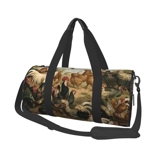 Reisetasche aus Segeltuch mit Huhn- und Hahn-Druck, bedruckt, Turnbeutel, Sporttasche mit großer Kapazität für Wochenende, Geschäftsreisen, Schwarz , Einheitsgröße von FLYIFE