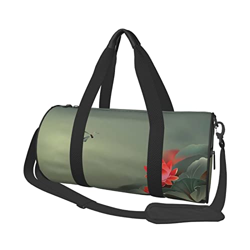 Reisetasche aus Segeltuch mit Lotusblüte und Libelle, bedruckt, Turnbeutel, Sporttasche mit großer Kapazität für Wochenende, Geschäftsreisen, Schwarz , Einheitsgröße von FLYIFE