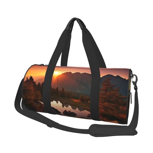 Reisetasche aus bedrucktem Segeltuch mit Blick auf die Berge bei Sonnenaufgang, Turnbeutel, Sporttasche mit großer Kapazität für Wochenende, Geschäftsreisen, Schwarz , Einheitsgröße von FLYIFE