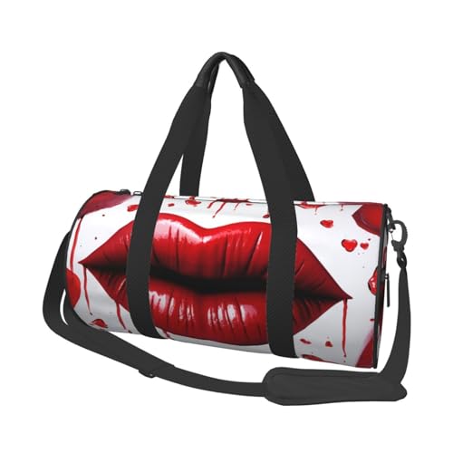 Rote Reisetasche aus Segeltuch mit Herzen, Lippen und Liebe, bedruckt, Turnbeutel, Sporttasche mit großem Fassungsvermögen, für Wochenende, Geschäftsreisen, Schwarz , Einheitsgröße von FLYIFE