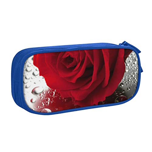 Rote Rose Blume Große Federtasche mit 2 Fächern Federmäppchen Federmäppchen Federmäppchen Tasche Organizer für Mädchen Jungen Student Schule Büro College, blau, Einheitsgröße, Schulranzen von FLYIFE