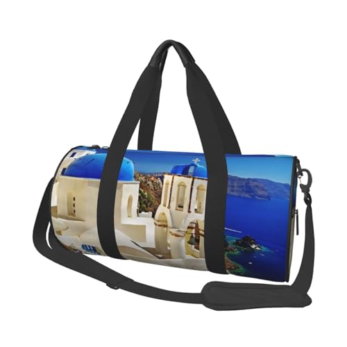 Santorini Reisetasche mit griechischer Insel und Meerblick, bedrucktes Segeltuch, Turnbeutel, Sporttasche mit großer Kapazität für Wochenende, Geschäftsreisen, Schwarz , Einheitsgröße von FLYIFE