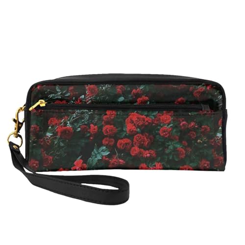 Schöne italienische bedruckte tragbare Make-up-Tasche – PU-Leder, Reise-Kosmetiktasche, Federmäppchen für Mädchen und Frauen, Rote und schwarze Rose, Einheitsgröße von FLYIFE