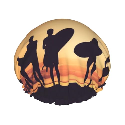 Silhouette von Surfer People Print Duschhaube für Damen und Herren, wiederverwendbare doppellagige Stoff-Badekappe Mädchen Haarkappen von FLYIFE