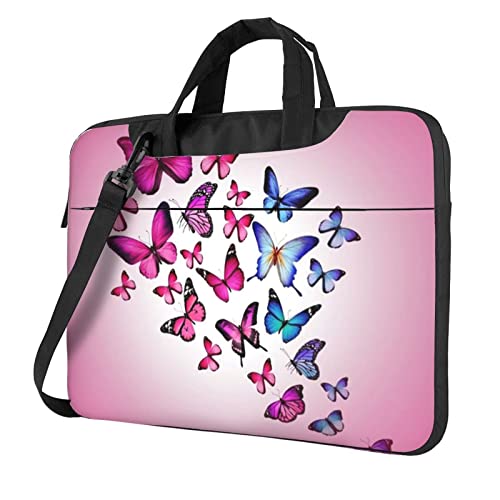 Süße Pekinese bedruckte Laptop-Umhängetasche – Messenger-Aktentasche Computer-Tasche für Damen und Herren, Rosa Schmetterlinge, 15.6 inch von FLYIFE