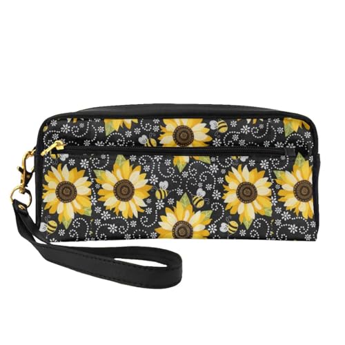 Tragbare Make-up-Tasche mit Eis- und Waffelmuster, PU-Leder, Reise-Kosmetiktasche, Federmäppchen für Mädchen und Frauen, Sonnenblumenbienen, Einheitsgröße von FLYIFE