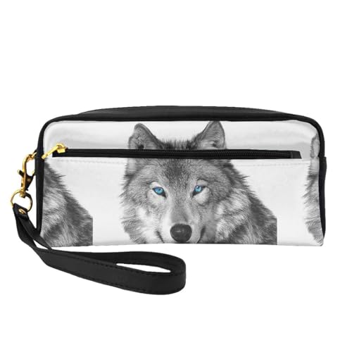 Tragbare Make-up-Tasche mit Monarch-Schmetterling-Motiv, PU-Leder, Reise-Kosmetiktasche, Federmäppchen für Mädchen und Frauen, Blauäugiger Wolf, Einheitsgröße von FLYIFE