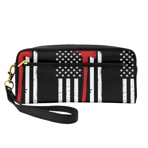 Tragbare Make-up-Tasche mit Monarch-Schmetterling-Motiv, PU-Leder, Reise-Kosmetiktasche, Federmäppchen für Mädchen und Frauen, Red Line Firefighter USA-Flagge, Einheitsgröße von FLYIFE