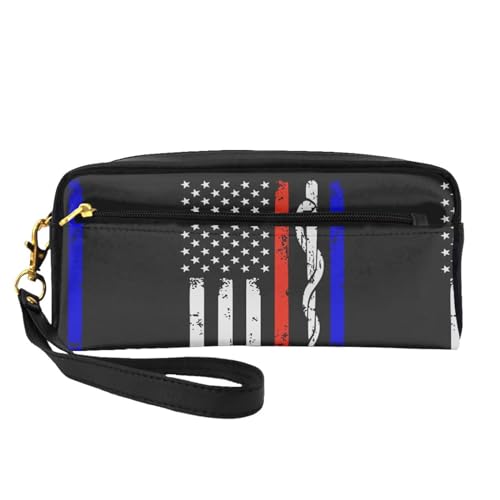 Tragbare Make-up-Tasche mit Monarch-Schmetterling-Motiv, PU-Leder, Reise-Kosmetiktasche, Federmäppchen für Mädchen und Frauen, Red Stripe Firefighter USA-Flagge, Einheitsgröße von FLYIFE