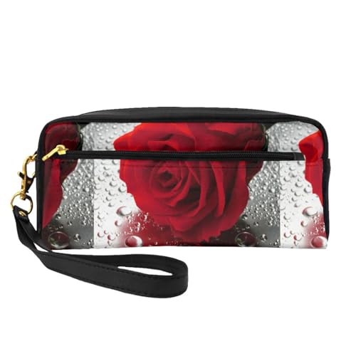 Tragbare Make-up-Tasche mit Totenkopf-Motiv, PU-Leder, Reise-Kosmetiktasche, Federmäppchen für Mädchen und Frauen, Rose, Rot, Einheitsgröße von FLYIFE