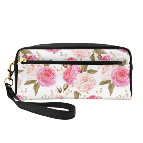 Tragbare Make-up-Tasche mit afrikanischem Tier-Löwen-Motiv, PU-Leder, Reise-Kosmetiktasche, Federmäppchen für Mädchen und Frauen, Blume, Rose, Rosa, Einheitsgröße von FLYIFE