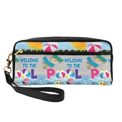 Tragbare Make-up-Tasche mit afrikanischem Tier-Löwen-Motiv, PU-Leder, Reise-Kosmetiktasche, Federmäppchen für Mädchen und Frauen, Flamingo und Schwimmbad, Einheitsgröße von FLYIFE