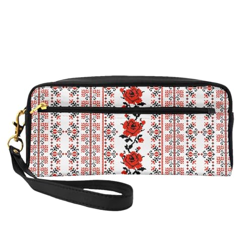 Tragbare Make-up-Tasche mit buntem Elefanten-Druck, PU-Leder, Reise-Kosmetiktasche, Federmäppchen für Mädchen und Frauen, Ukrainische Stickerei Stil Rose, Einheitsgröße von FLYIFE