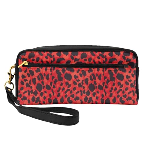 Tragbare Make-up-Tasche mit englischen Bulldoggen, PU-Leder, Reise-Kosmetiktasche, Federmäppchen für Mädchen und Frauen, Rotes Leopardenmuster, Einheitsgröße von FLYIFE