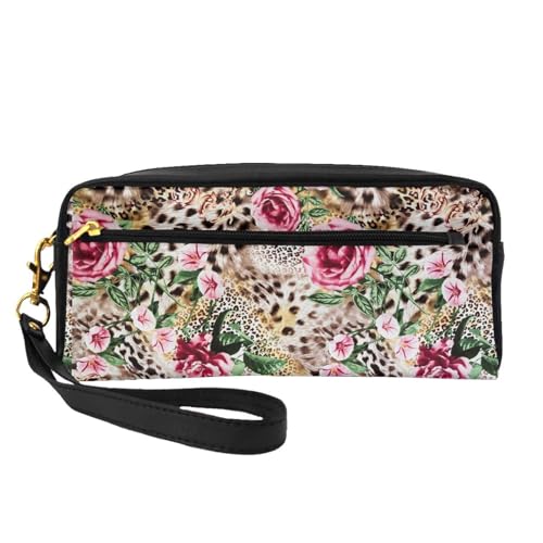 Tragbare Make-up-Tasche mit fleischfressenden Pflanzen, PU-Leder, Reise-Kosmetiktasche, Federmäppchen für Mädchen und Frauen, Tier, Tiger, Leopardenmuster, Rose, Einheitsgröße von FLYIFE