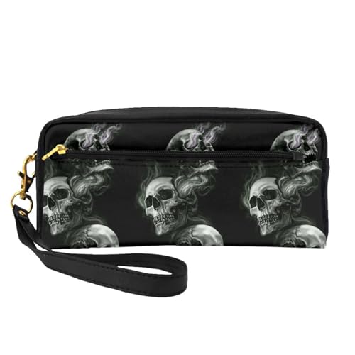 Tragbare Make-up-Tasche mit niedlichem Pomeranian bedruckt, PU-Leder, Reise-Kosmetiktasche, Federmäppchen für Mädchen und Frauen, Schwarz-Weißer Totenkopf, Einheitsgröße von FLYIFE