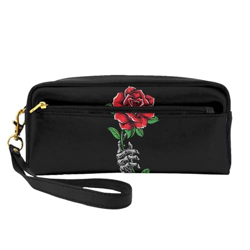 Tragbare Make-up-Tasche mit niedlichem Pomeranian bedruckt, PU-Leder, Reise-Kosmetiktasche, Federmäppchen für Mädchen und Frauen, Totenkopf Rose, Einheitsgröße von FLYIFE