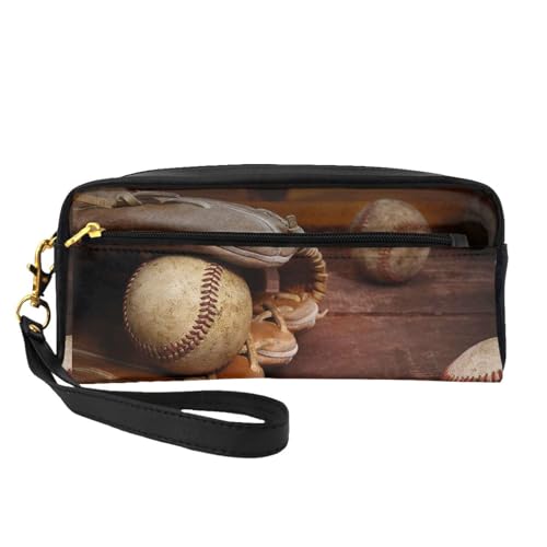 Tragbare Make-up-Tasche mit niedlichem Schweinchen-Motiv, PU-Leder, Reise-Kosmetiktasche, Federmäppchen für Mädchen und Frauen, Retro Baseball, Einheitsgröße von FLYIFE