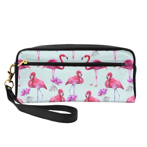 Tragbare Make-up-Tasche mit pinkem Flamingo-Muster, PU-Leder, Reise-Kosmetiktasche, Federmäppchen für Mädchen und Frauen, Pink Flamingos, Einheitsgröße von FLYIFE