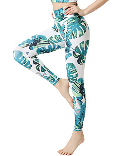 FLYILY Bedruckte Yogahose für Damen, hohe Taille, Fitnessstudio, Sport, Leggings, Bauchkontrolle, Laufen, Workout, Kompressionsstrumpfhose, Stretch, gemusterte Leggings, 2-Greenleaf, L von FLYILY