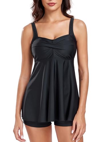 FLYILY Damen 2-Teilige Tankini Sets Vordere Drehung Tankini Top mit Boyshorts Tummy Control Bauchweg Bademode(Black,L) von FLYILY