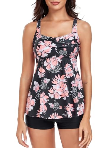 FLYILY Damen 2-Teilige Tankini Sets Vordere Drehung Tankini Top mit Boyshorts Tummy Control Bauchweg Bademode(BlackFlower,XXL) von FLYILY