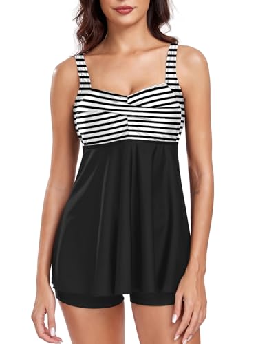 FLYILY Damen 2-Teilige Tankini Sets Vordere Drehung Tankini Top mit Boyshorts Tummy Control Bauchweg Bademode(BlackStripe,L) von FLYILY