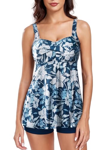 FLYILY Damen 2-Teilige Tankini Sets Vordere Drehung Tankini Top mit Boyshorts Tummy Control Bauchweg Bademode(BlueFlower,XL) von FLYILY