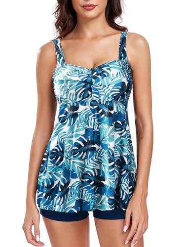 FLYILY Damen 2-Teilige Tankini Sets Vordere Drehung Tankini Top mit Boyshorts Tummy Control Bauchweg Bademode(BlueLeaf,XXL) von FLYILY