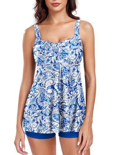 FLYILY Damen 2-Teilige Tankini Sets Vordere Drehung Tankini Top mit Boyshorts Tummy Control Bauchweg Bademode(BluePaisley,3XL) von FLYILY