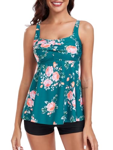 FLYILY Damen 2-Teilige Tankini Sets Vordere Drehung Tankini Top mit Boyshorts Tummy Control Bauchweg Bademode(GreenFlower,M) von FLYILY