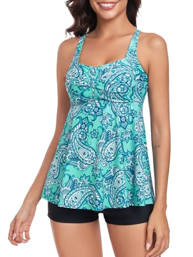 FLYILY Damen 2-Teilige Tankini Sets Vordere Drehung Tankini Top mit Boyshorts Tummy Control Bauchweg Bademode(GreenPrint,L) von FLYILY