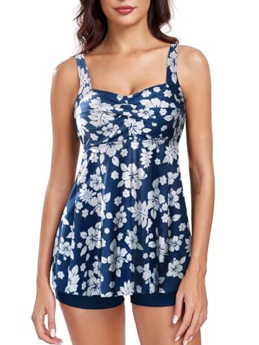 FLYILY Damen 2-Teilige Tankini Sets Vordere Drehung Tankini Top mit Boyshorts Tummy Control Bauchweg Bademode(WhiteFlower,XL) von FLYILY